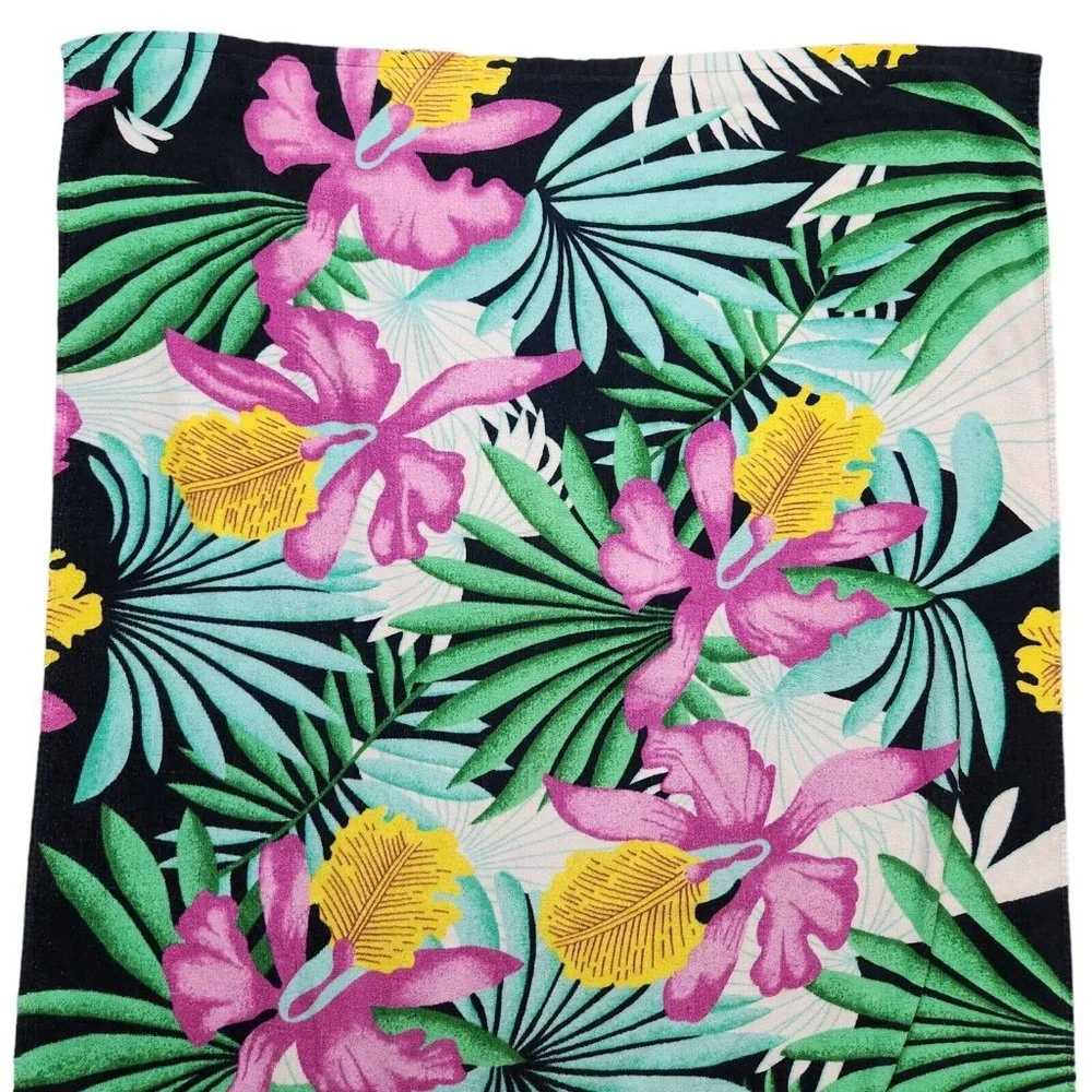 Vintage Hawaii Tropical Leaf Pink Floral Large Beach Towel 67.5” X 40”